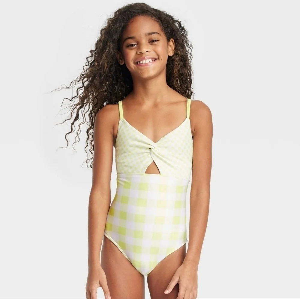 NWT Cat & Jack Girl's Gingham Check One Piece Swimsuit L 10/12